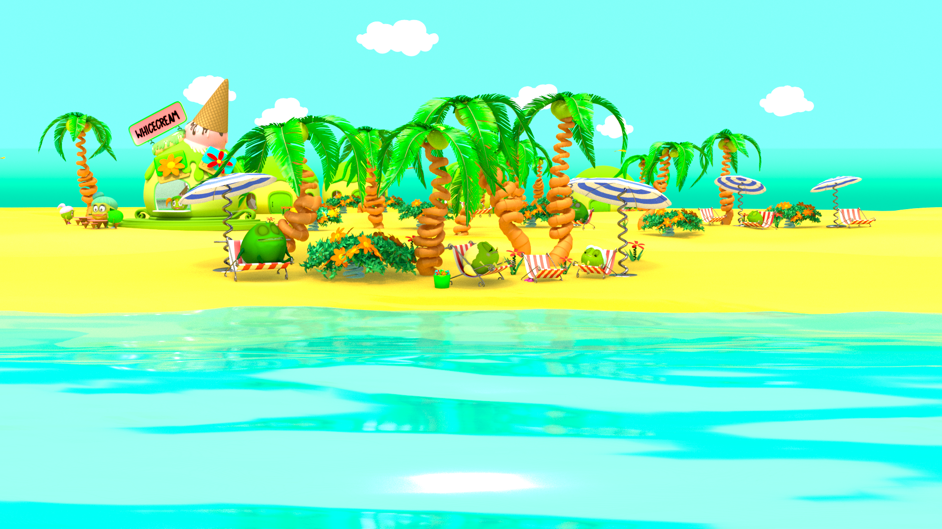 A sunny Whakabaloo beach level with palm trees and an ice-cream stand